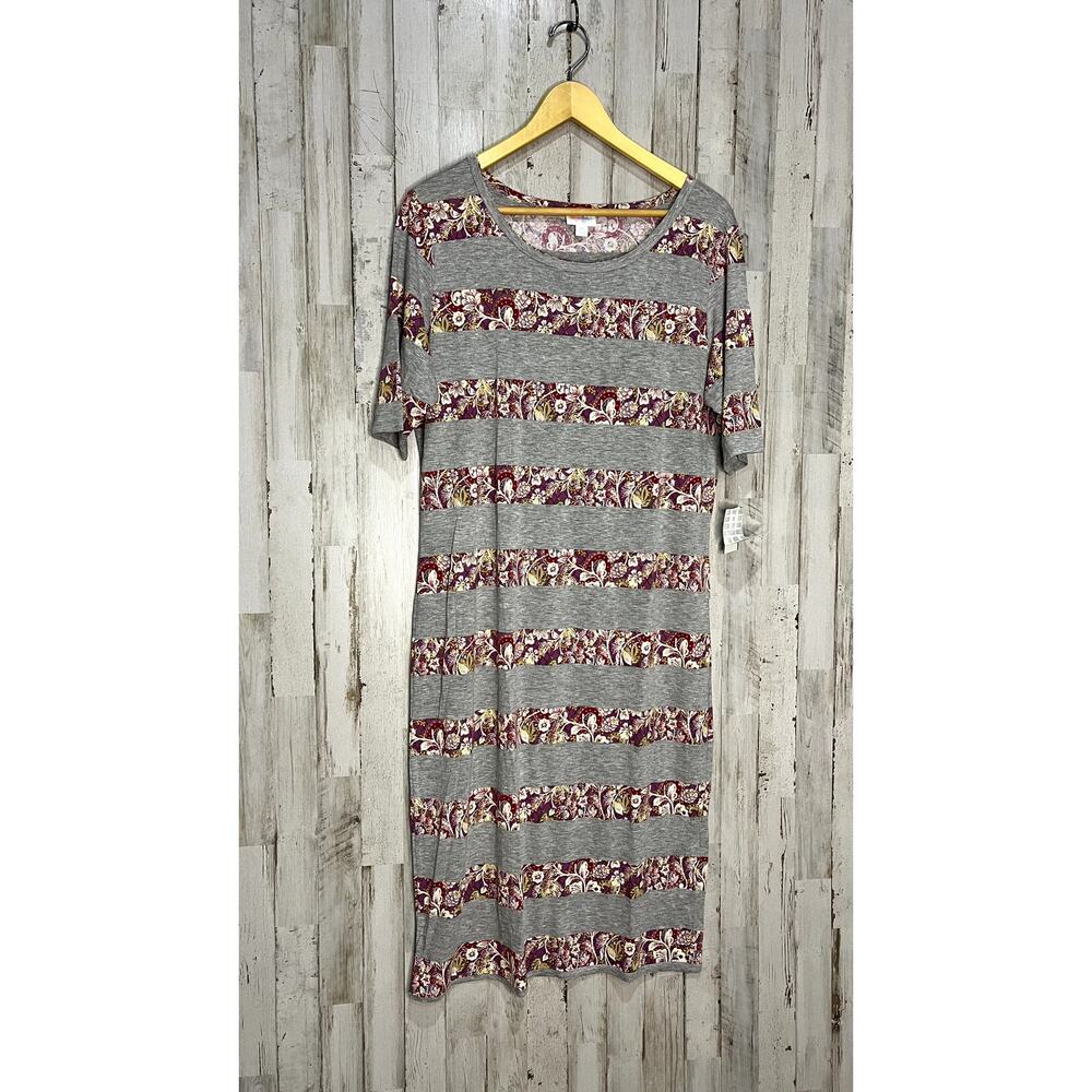 NWT LuLaRoe Julia Dress 2XL Gray Floral Striped‎ Knee Length Casual